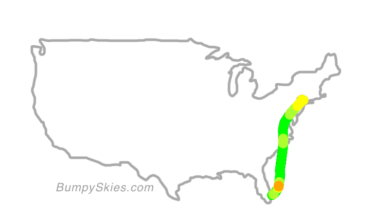 Map of continental US with illustrated flight path and turbulence forecast (described in text below)