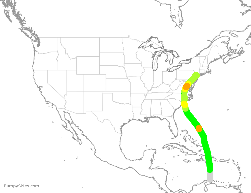 Turbulence forecast map for JBU2420, AUA to EWR