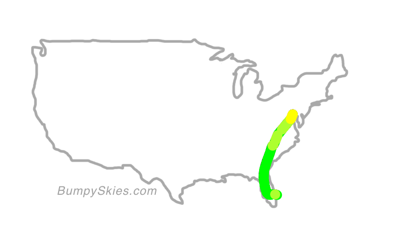 Map of continental US with illustrated flight path and turbulence forecast (described in text below)