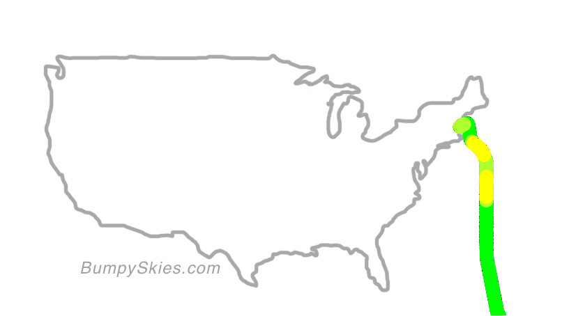 Map of continental US with illustrated flight path and turbulence forecast (described in text below)