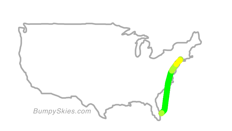 Map of continental US with illustrated flight path and turbulence forecast (described in text below)