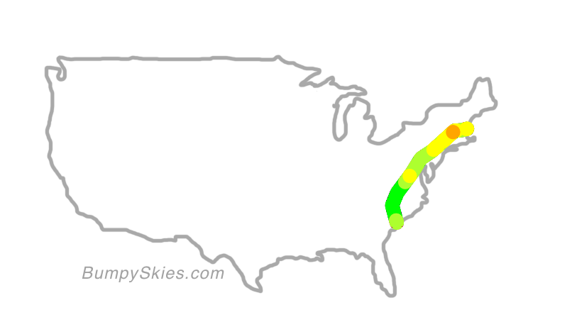 Map of continental US with illustrated flight path and turbulence forecast (described in text below)