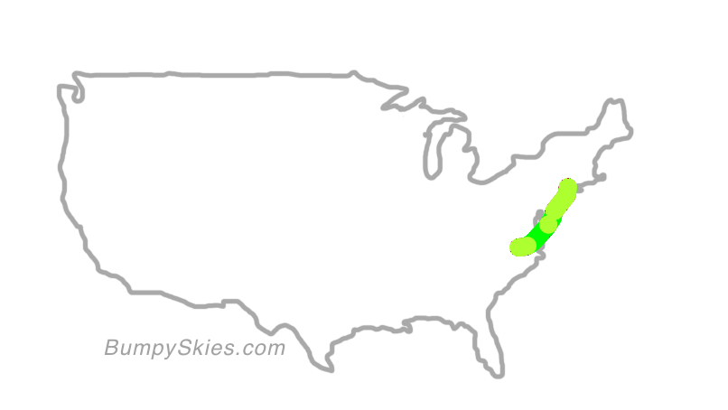 Map of continental US with illustrated flight path and turbulence forecast (described in text below)