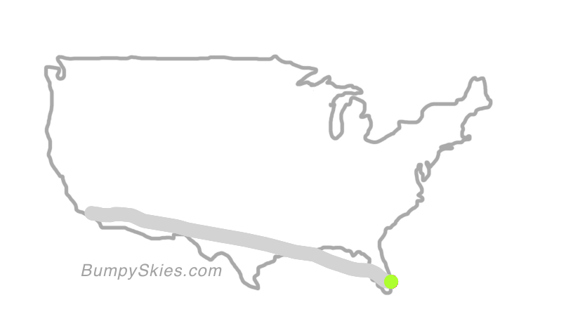 Map of continental US with illustrated flight path and turbulence forecast (described in text below)