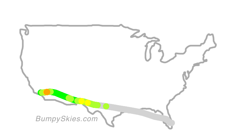 Map of continental US with illustrated flight path and turbulence forecast (described in text below)