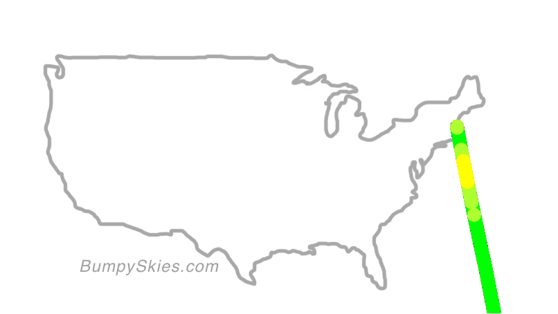 Map of continental US with illustrated flight path and turbulence forecast (described in text below)