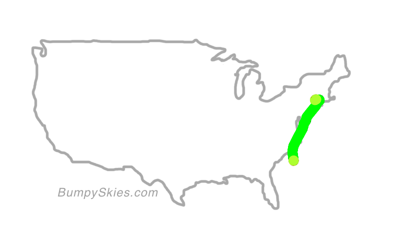 Map of continental US with illustrated flight path and turbulence forecast (described in text below)