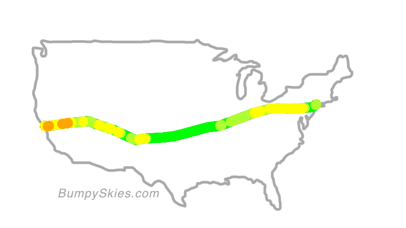 Map of continental US with illustrated flight path and turbulence forecast (described in text below)