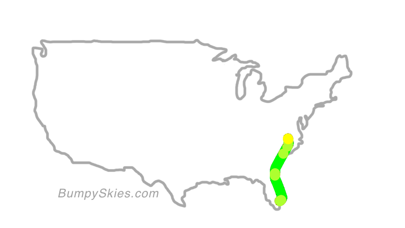 Map of continental US with illustrated flight path and turbulence forecast (described in text below)