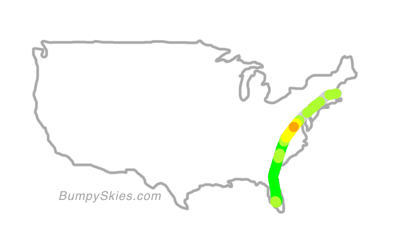 Map of continental US with illustrated flight path and turbulence forecast (described in text below)