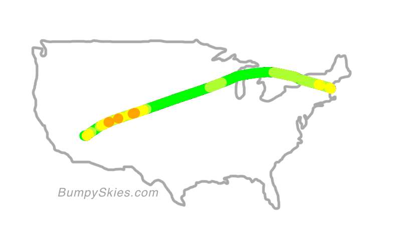 Map of continental US with illustrated flight path and turbulence forecast (described in text below)