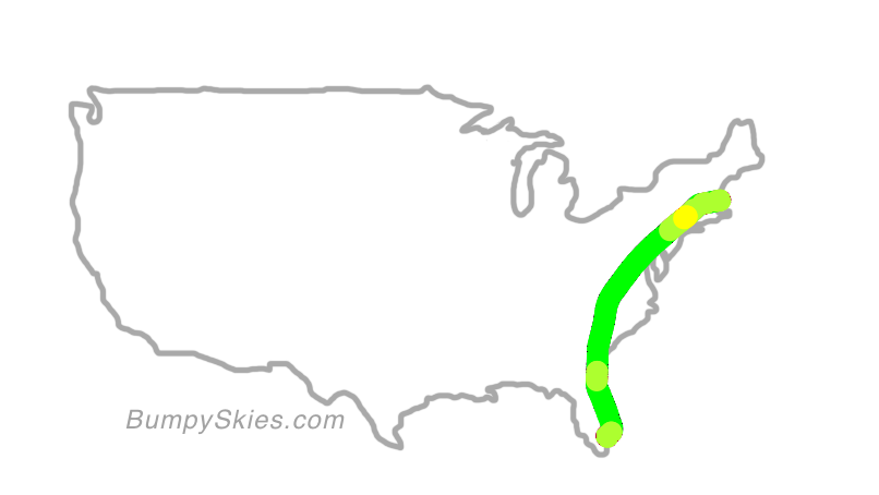 Map of continental US with illustrated flight path and turbulence forecast (described in text below)