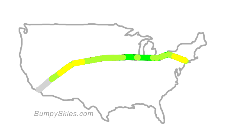 Map of continental US with illustrated flight path and turbulence forecast (described in text below)