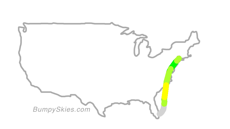 Map of continental US with illustrated flight path and turbulence forecast (described in text below)