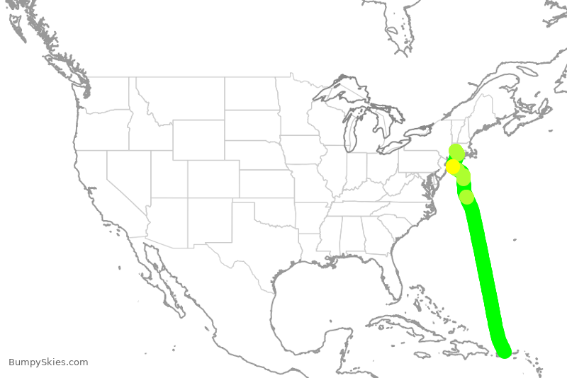Turbulence forecast map for JBU275, BDL to SJU