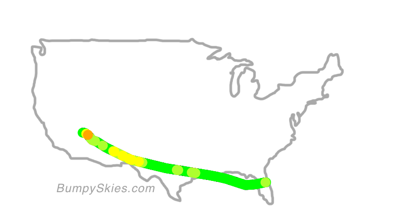 Map of continental US with illustrated flight path and turbulence forecast (described in text below)