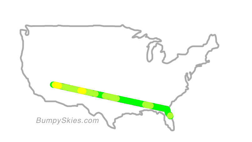 Map of continental US with illustrated flight path and turbulence forecast (described in text below)