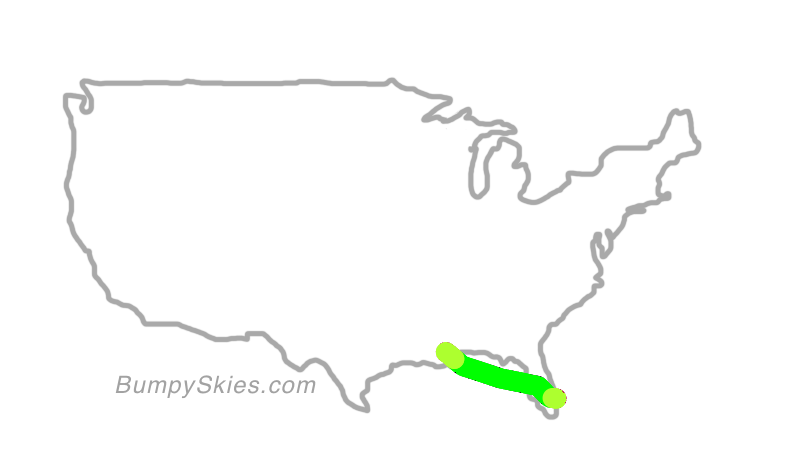 Map of continental US with illustrated flight path and turbulence forecast (described in text below)