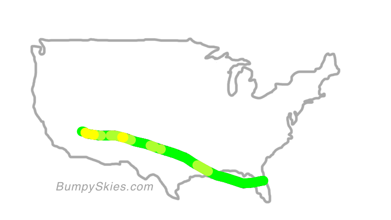 Map of continental US with illustrated flight path and turbulence forecast (described in text below)