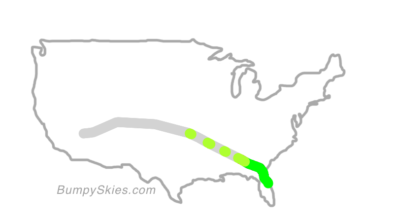 Map of continental US with illustrated flight path and turbulence forecast (described in text below)
