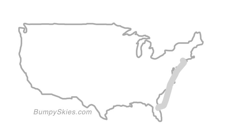 Map of continental US with illustrated flight path and turbulence forecast (described in text below)