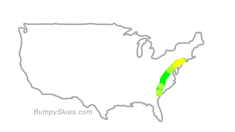 Map of continental US with illustrated flight path and turbulence forecast (described in text below)