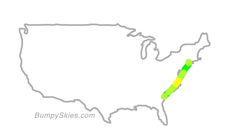 Map of continental US with illustrated flight path and turbulence forecast (described in text below)