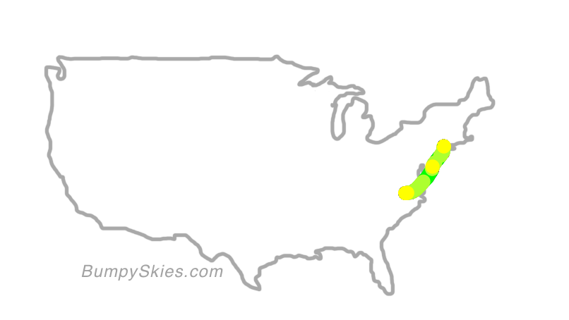Map of continental US with illustrated flight path and turbulence forecast (described in text below)