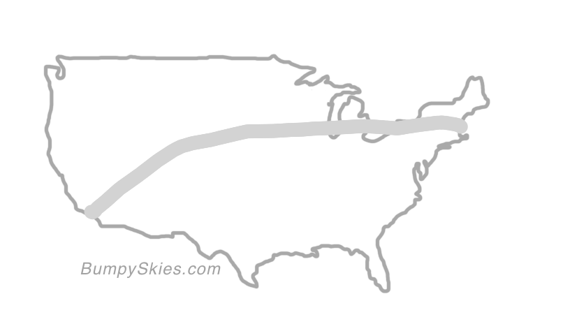 Map of continental US with illustrated flight path and turbulence forecast (described in text below)