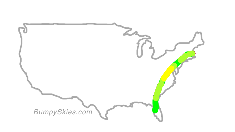 Map of continental US with illustrated flight path and turbulence forecast (described in text below)