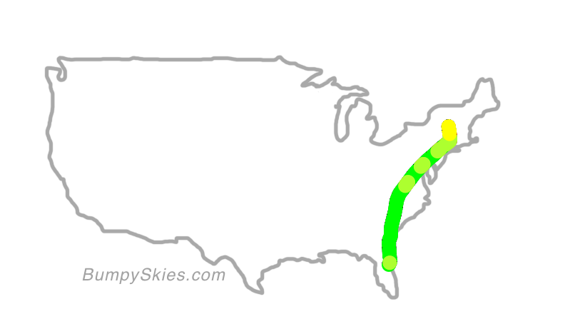 Map of continental US with illustrated flight path and turbulence forecast (described in text below)