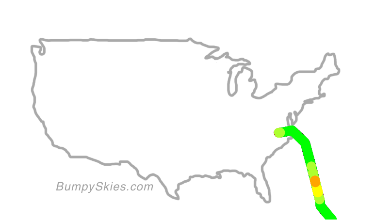 Map of continental US with illustrated flight path and turbulence forecast (described in text below)