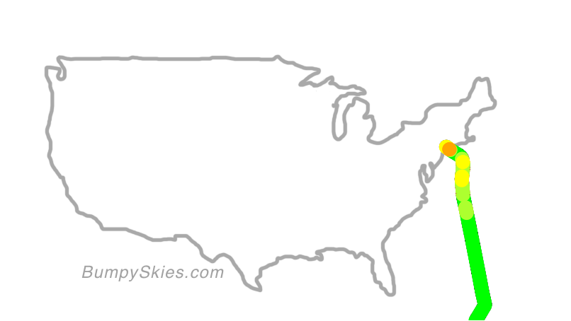 Map of continental US with illustrated flight path and turbulence forecast (described in text below)