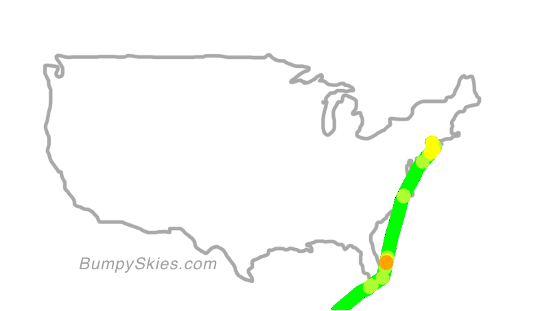 Map of continental US with illustrated flight path and turbulence forecast (described in text below)
