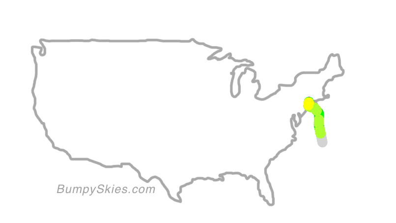 Map of continental US with illustrated flight path and turbulence forecast (described in text below)