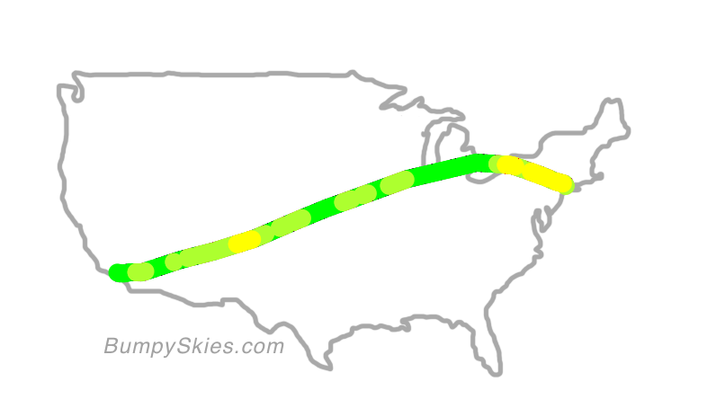 Map of continental US with illustrated flight path and turbulence forecast (described in text below)