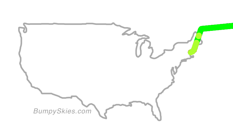 Map of continental US with illustrated flight path and turbulence forecast (described in text below)