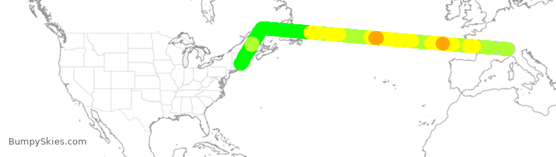 Turbulence forecast map for JBU332, MXP to BOS
