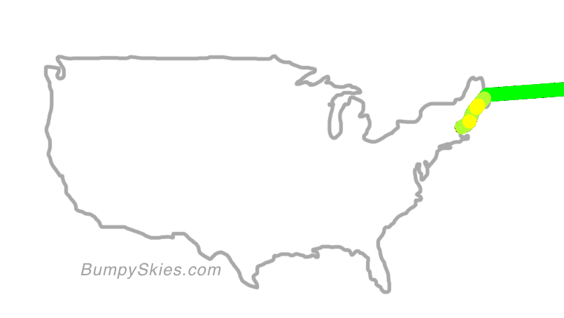 Map of continental US with illustrated flight path and turbulence forecast (described in text below)