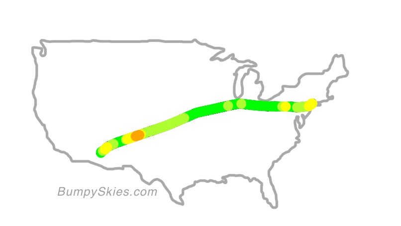 Map of continental US with illustrated flight path and turbulence forecast (described in text below)
