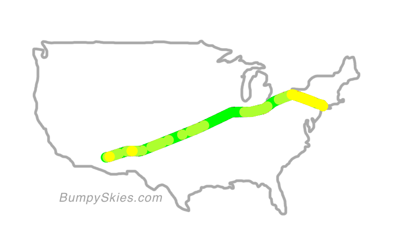 Map of continental US with illustrated flight path and turbulence forecast (described in text below)