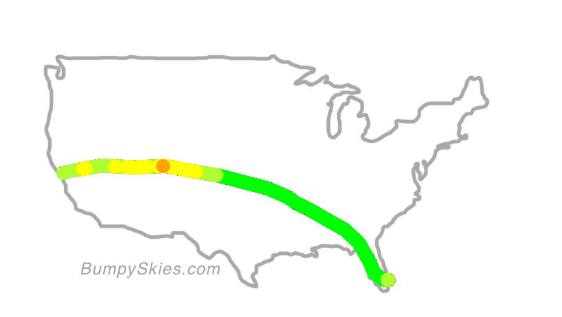 Map of continental US with illustrated flight path and turbulence forecast (described in text below)