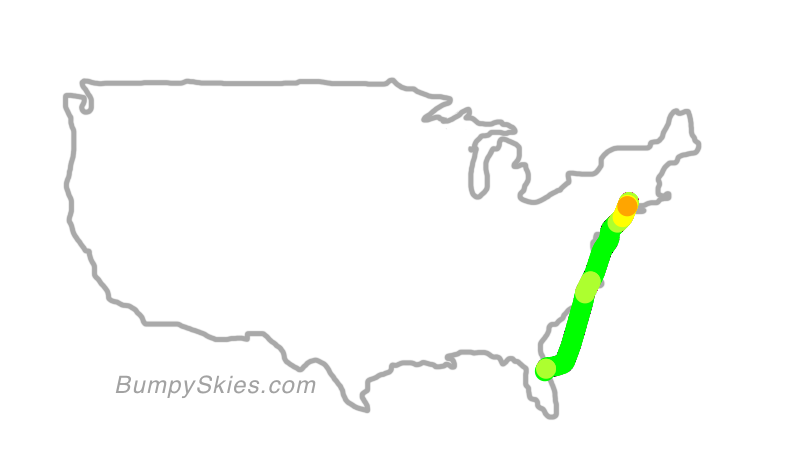 Map of continental US with illustrated flight path and turbulence forecast (described in text below)