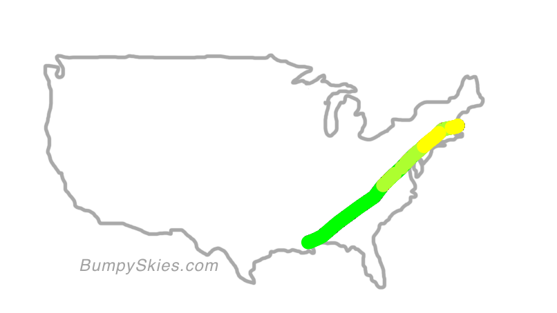Map of continental US with illustrated flight path and turbulence forecast (described in text below)