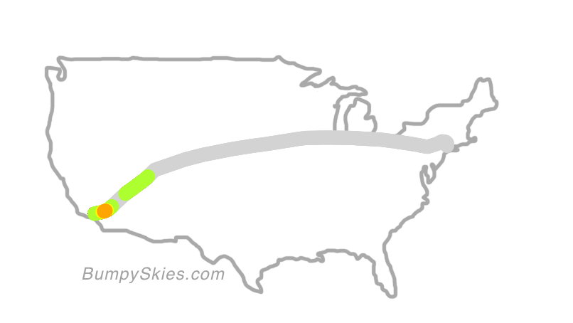 Map of continental US with illustrated flight path and turbulence forecast (described in text below)