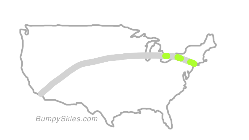 Map of continental US with illustrated flight path and turbulence forecast (described in text below)
