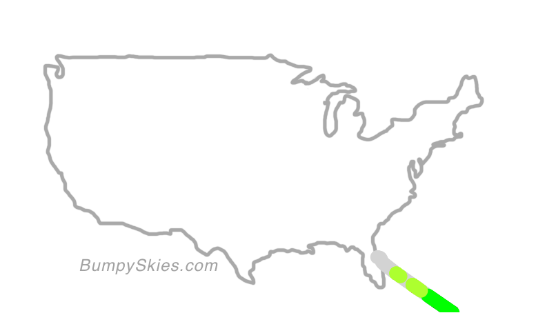 Map of continental US with illustrated flight path and turbulence forecast (described in text below)