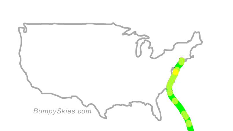 Map of continental US with illustrated flight path and turbulence forecast (described in text below)