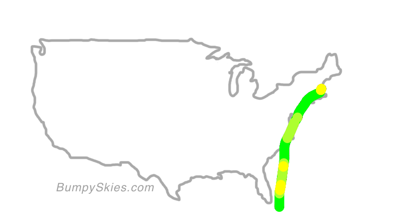 Map of continental US with illustrated flight path and turbulence forecast (described in text below)