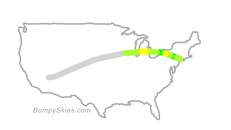 Map of continental US with illustrated flight path and turbulence forecast (described in text below)